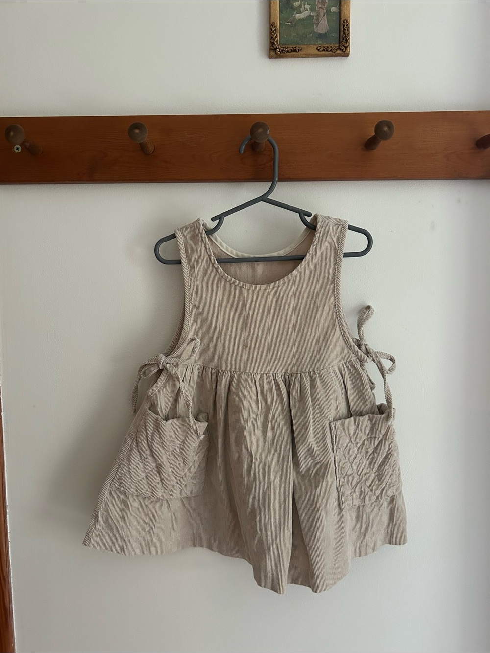 Vintage Cream Corduroy Girls' Tie-Side Pinafore Dress